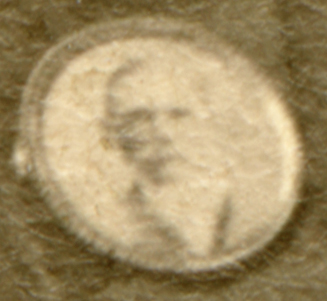 A grainy portrait of a mustached man of mature years is set in a plain round jewelry setting