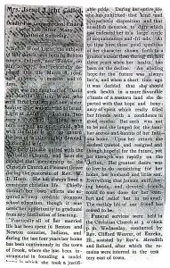 A scanned photocopy of an obituary from a newspaper. It is difficult to read.