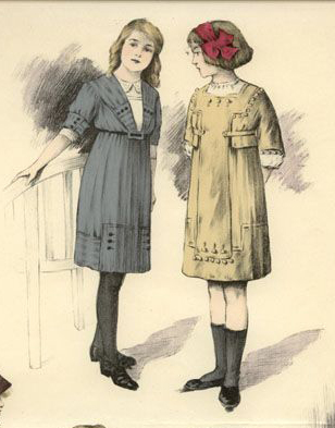An illustration of two girls in 1912 everyday fashions.  One wears a grey dress and her hair in long ringlets.  The other wears a yellow dress and has a bobbed hairstyle with a large red bow at one side of her head.
