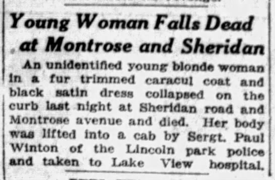 An image of the newspaper article about the death of an unidentified young woman in Chicago